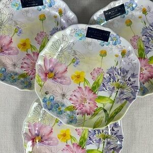 4 Tahari Home Melamine Salad Plates 9" Scalloped Spring Floral Wildflowers NEW